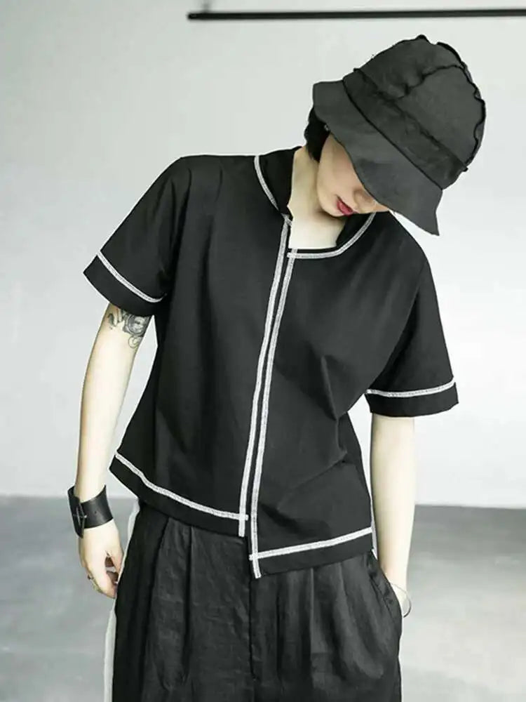 Women Black Line Stitch Irregular Big Size T-shirt New V-collar Short Sleeve  Fashion Tide  Spring Summer 2025 1X004