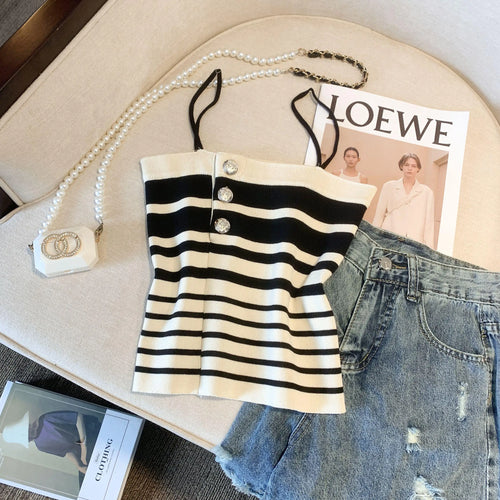 Load image into Gallery viewer, Retro Women Black White Striped Knit Crochet Top Summer Sexy Pink Patchwork Backless Single Breasted Short Spaghetti Strap Tops
