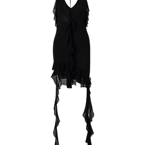 Load image into Gallery viewer, Sexy Mesh Ruffle Edge Short Skirt For Women Dress 2024 Summer New Vestidos Deep V-neck Pleated Irregular Bodycon Dress
