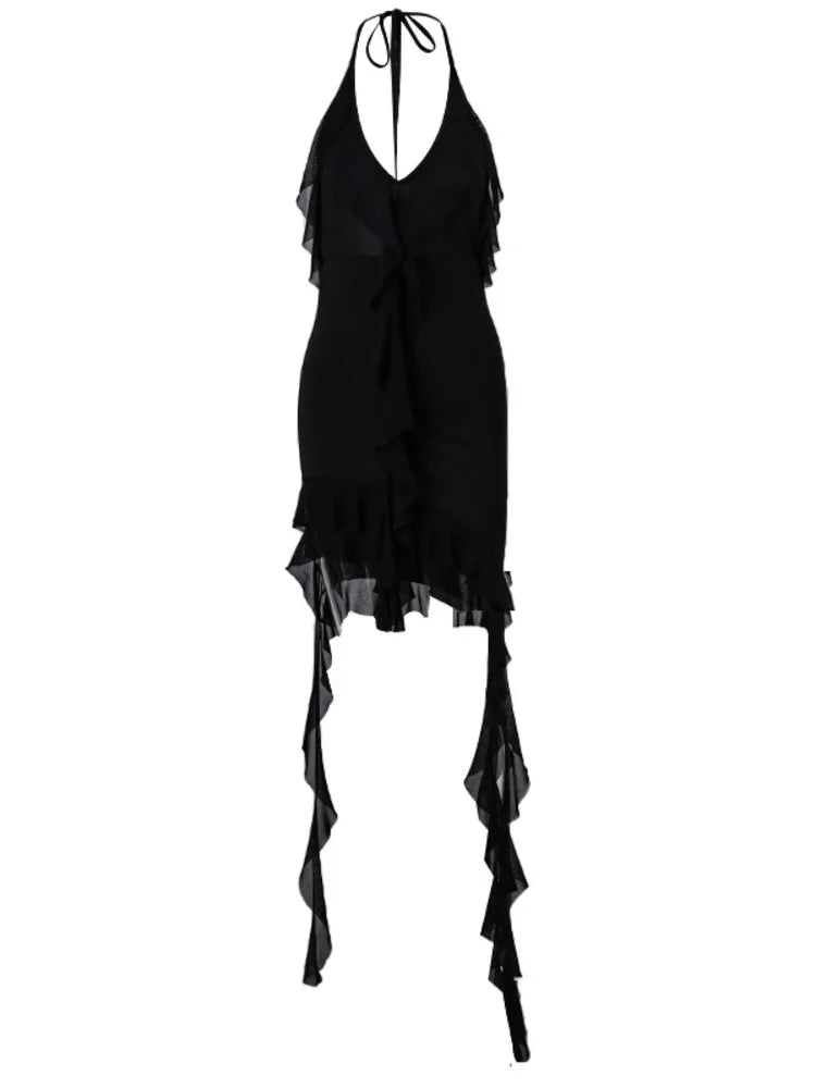 Sexy Mesh Ruffle Edge Short Skirt For Women Dress 2024 Summer New Vestidos Deep V-neck Pleated Irregular Bodycon Dress