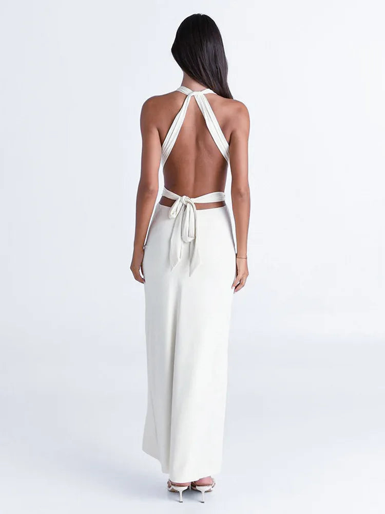 Halter Deep V Neck Sexy Maxi Dress For Women Fashion Solid Sleeveless Backless Lace-up Club Party Long Dress Vestido