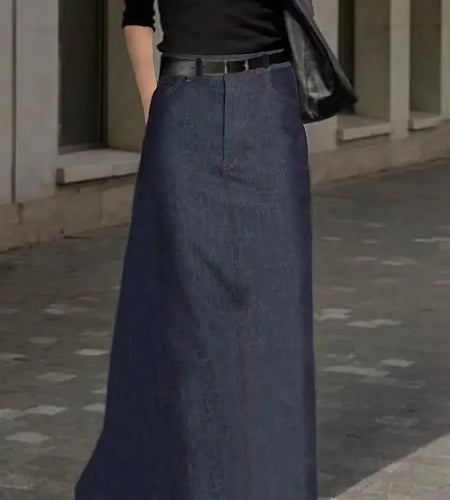 Summer New Fashion Denim Skirts For Women Imitation H-Line High Waist Pockets Loose Female Blue Maxi Skirt