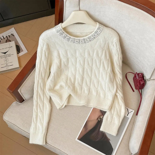 Load image into Gallery viewer, Autumn Winter Women Clothing Beige Pink Diamond Round Neck Short Pullover Sweater New Fashion Grey Long Sleeve Knitwear Top Chic
