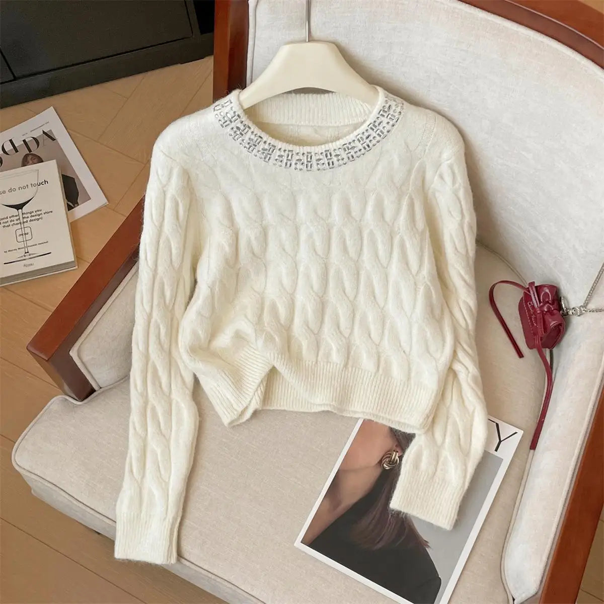 Autumn Winter Women Clothing Beige Pink Diamond Round Neck Short Pullover Sweater New Fashion Grey Long Sleeve Knitwear Top Chic