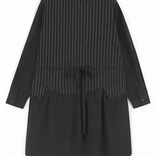 Load image into Gallery viewer, Women Black Striped Drawstring Big Size Knee-Length Dress New Lapel Long Sleeve Fashion Tide Spring Autumn 2025 1DH9966
