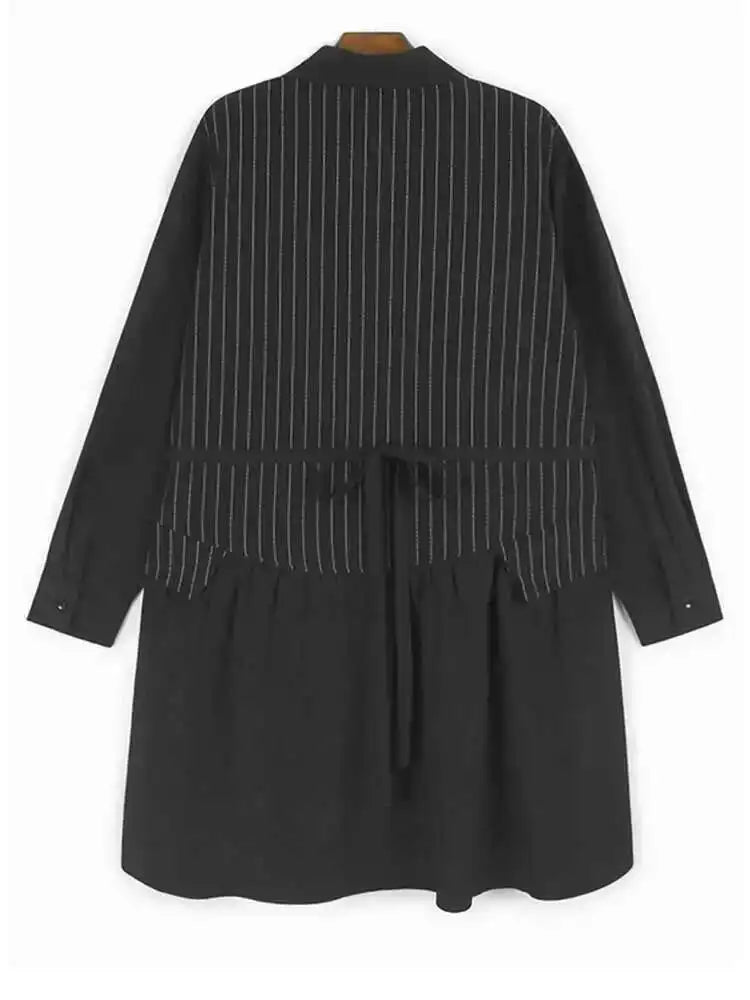 Women Black Striped Drawstring Big Size Knee-Length Dress New Lapel Long Sleeve Fashion Tide Spring Autumn 2025 1DH9966