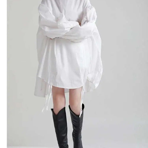 Load image into Gallery viewer, Women Balck Irregular Drawstring Big Size Dress New Stand Collar Long Sleeve Loose Fit Fashion Spring Autumn 2025 1Z18901
