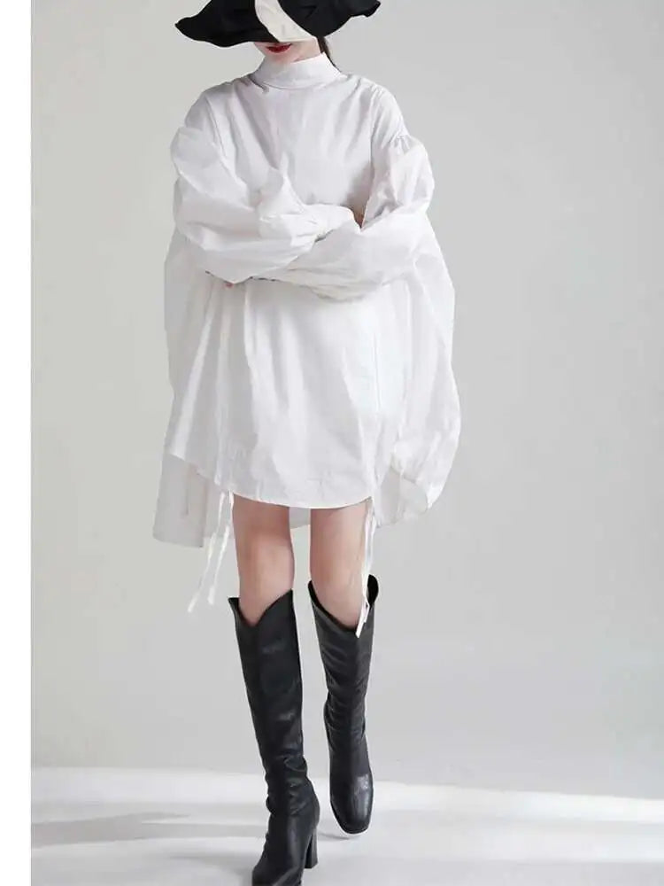 Women Balck Irregular Drawstring Big Size Dress New Stand Collar Long Sleeve Loose Fit Fashion Spring Autumn 2025 1Z18901