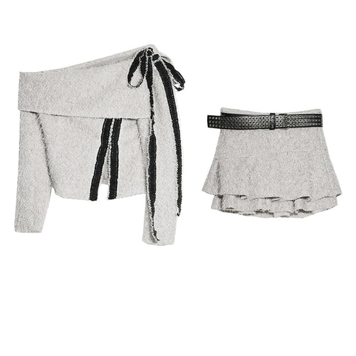 Load image into Gallery viewer, Gray Ribbons Sweater Mini Skirt Two Pieces Suit New Slash Neck Long Sleeve Women Fashion Tide Spring Autumn 2025 1DH9340
