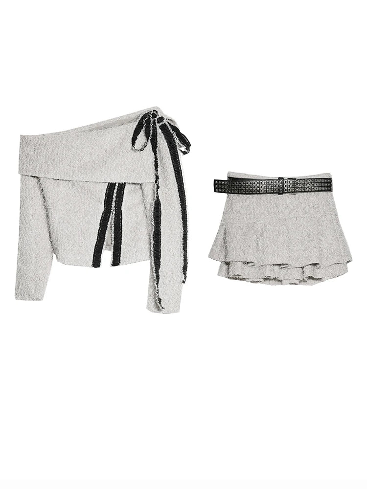 Gray Ribbons Sweater Mini Skirt Two Pieces Suit New Slash Neck Long Sleeve Women Fashion Tide Spring Autumn 2025 1DH9340