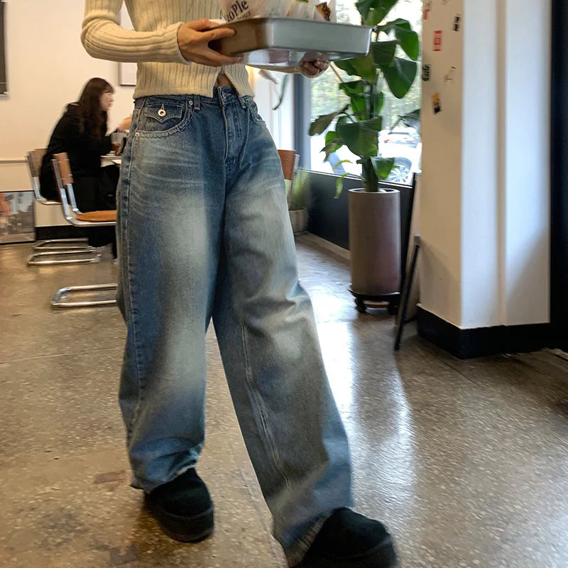 Harajuku Korean Basic Baggy Jeans Women Distressed Pockets Denim Trousers Japanese Y2K Straight Leg Capris Pants Chic