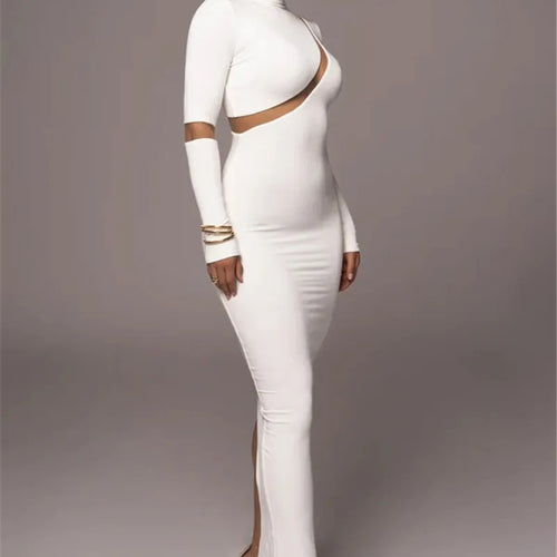 Load image into Gallery viewer, Turtleneck Long Sleeve Bodycon Maxi Dress For Women Autumn New Patchwork Hollow Out Club Party Sexy Long Dress Vestidos
