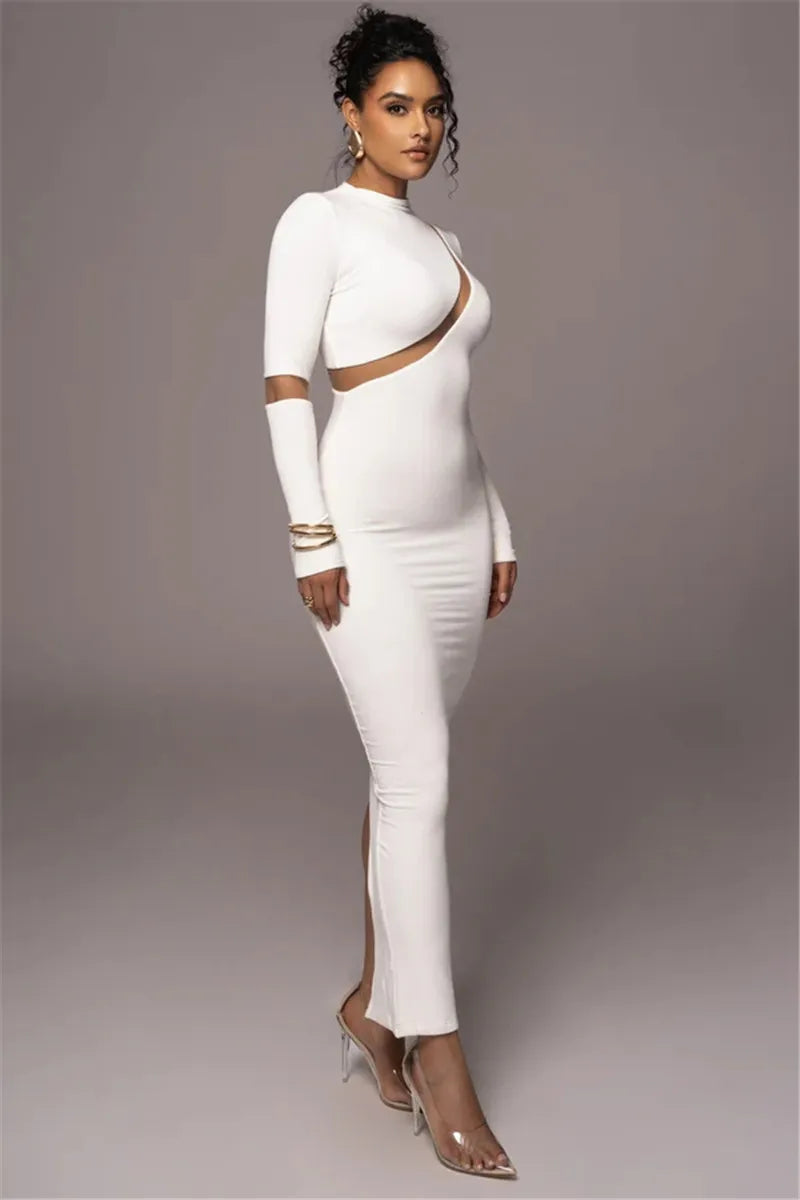 Turtleneck Long Sleeve Bodycon Maxi Dress For Women Autumn New Patchwork Hollow Out Club Party Sexy Long Dress Vestidos