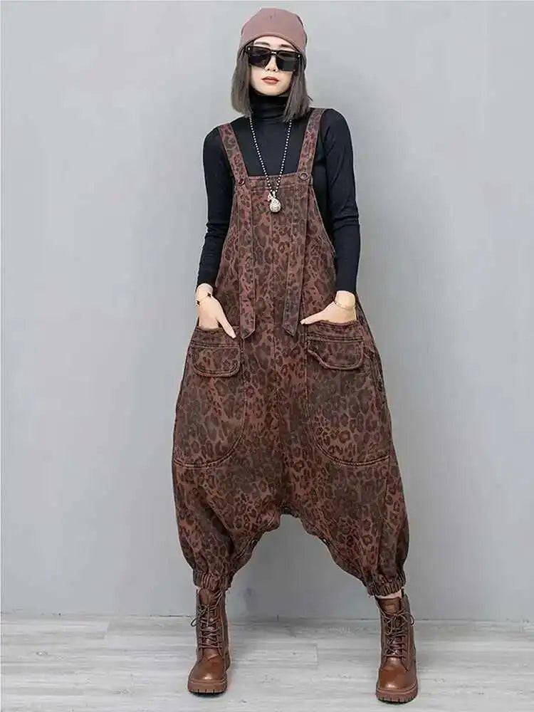 High Waist Leopard Print Denim Pocket Big Size Overalls Wide Leg Jeans New Women Fashion Tide Spring Autumn 2025 1DH6428