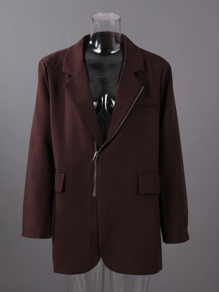 Women Wine Red Zipper Big Size Elegant Blazer New Lapel Long Sleeve Jacket Fashion Tide Spring Autumn 2025 7AB8207