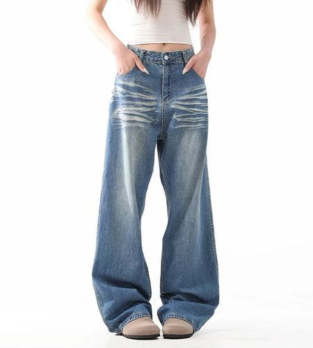 Men's Jeans New Summer Cat Whisker Washed Trendy Straight Wide Leg Stylish Gradient Color Male Causal Trousers 9W1968