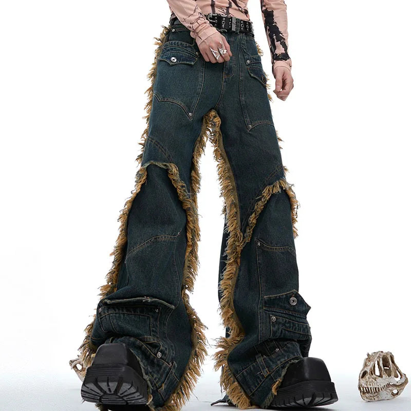 Men's Denim Pants Niche Rivet Tassel Design Worn-out Casual Deans Vintage Pocket  Male Trousers Casual Summer 24E1291