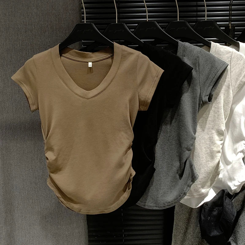 Summer Solid V Neck Pullover Irregular Pleated T Shirt Women Short Sleeved Holiday Tops 2024 Korean Fashion Simplicity Clothing