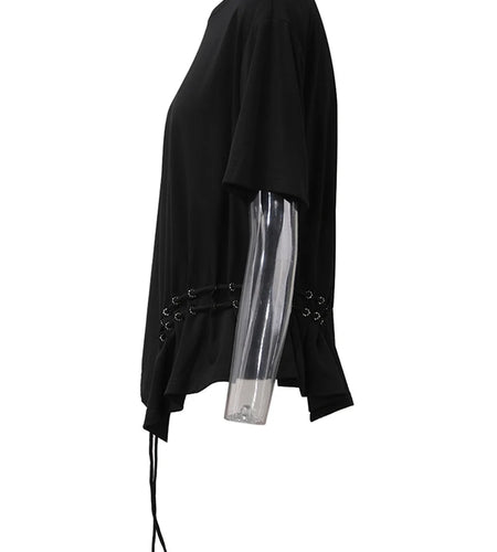 Women White Drawstring Irregular Hem Big Size T-shirt New Round Neck Short Sleeve Fashion Tide Spring Summer 2025 CPG1374