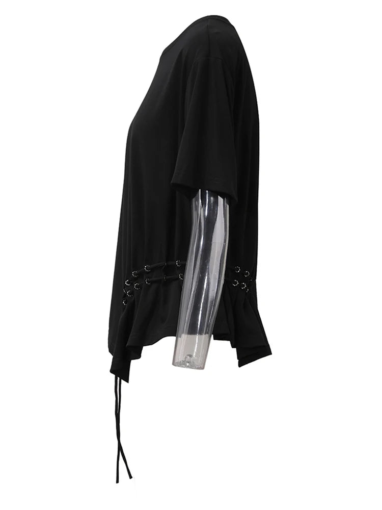 Women White Drawstring Irregular Hem Big Size T-shirt New Round Neck Short Sleeve Fashion Tide Spring Summer 2025 CPG1374