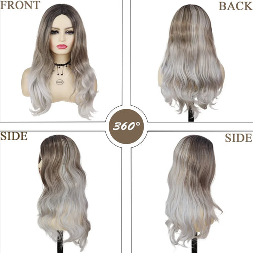 Load image into Gallery viewer, Synthetic Hair Long Curly Wavy Wigs for Women Ombre Wig Gray Color Hair with Bangs Carnival Party Wig Daily Wear Soft
