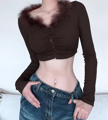 Brown Korean Y2K Crop Top Folds Skinny Autumn T shirt Female Faux Fur Trim Collar Fashion Sexy Tee Shirts Furry Cute