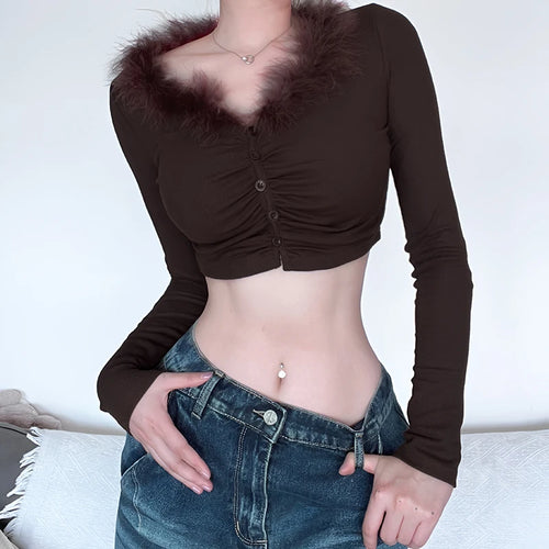 Load image into Gallery viewer, Brown Korean Y2K Crop Top Folds Skinny Autumn T shirt Female Faux Fur Trim Collar Fashion Sexy Tee Shirts Furry Cute
