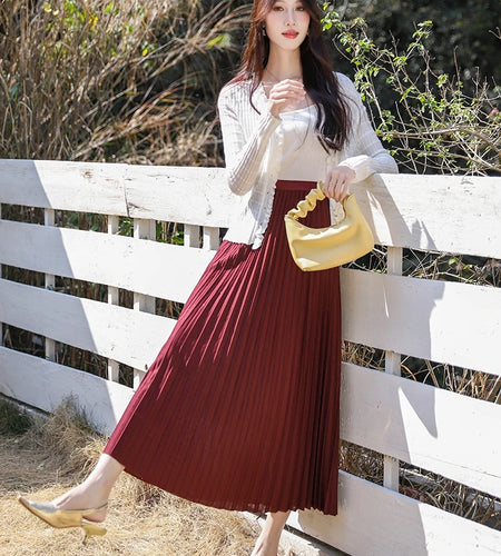Spring Summer French Solid Diamond Slim Office Lady Long Skirt Women High Waist Elegant Festival Pleated Skirt Simplicity Casual