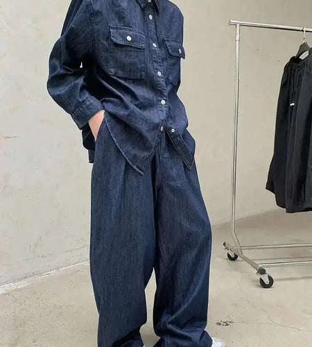 Women Blue Deniim Vintage Big Size Casual Blouse New Lapel Long Sleeve Shirt Fashion Tide Spring Autumn 2025 1DH8350