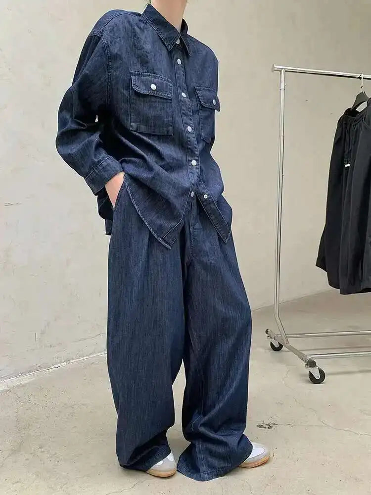 Women Blue Deniim Vintage Big Size Casual Blouse New Lapel Long Sleeve Shirt Fashion Tide Spring Autumn 2025 1DH8350