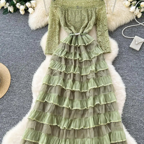 Load image into Gallery viewer, French Retro 2025 Spring New Green Patchwork Lace Elegant Party Long Sleeves Dress Women Off Shoulder Ruffles Pleated Cake Dress
