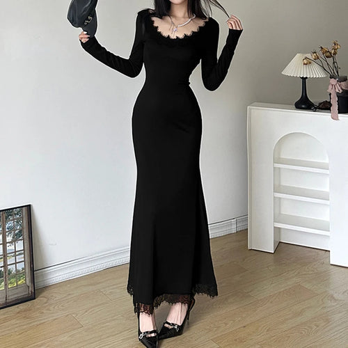 Load image into Gallery viewer, Korean Fashion Black Slim Knit Autumn Dress Female Basic Lace Spliced Solid Casual Long Dress Party Elegant Clothing
