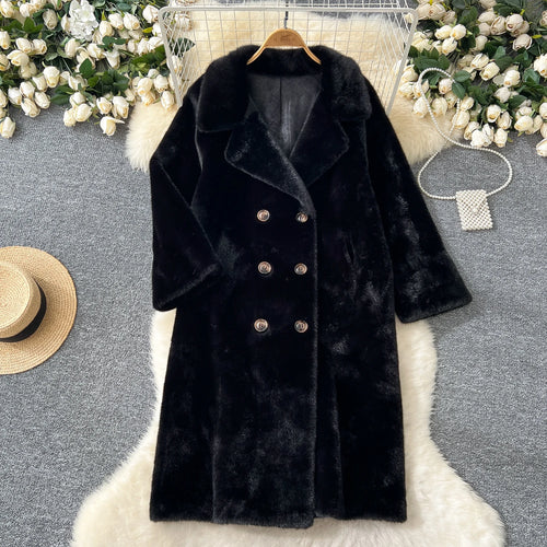 Load image into Gallery viewer, Korean Fashion 2024 Winter Solid Elegant Double-breasted Warm Imitation Mink Fur Coat Women Office Lady Thick Loose Long Jacket

