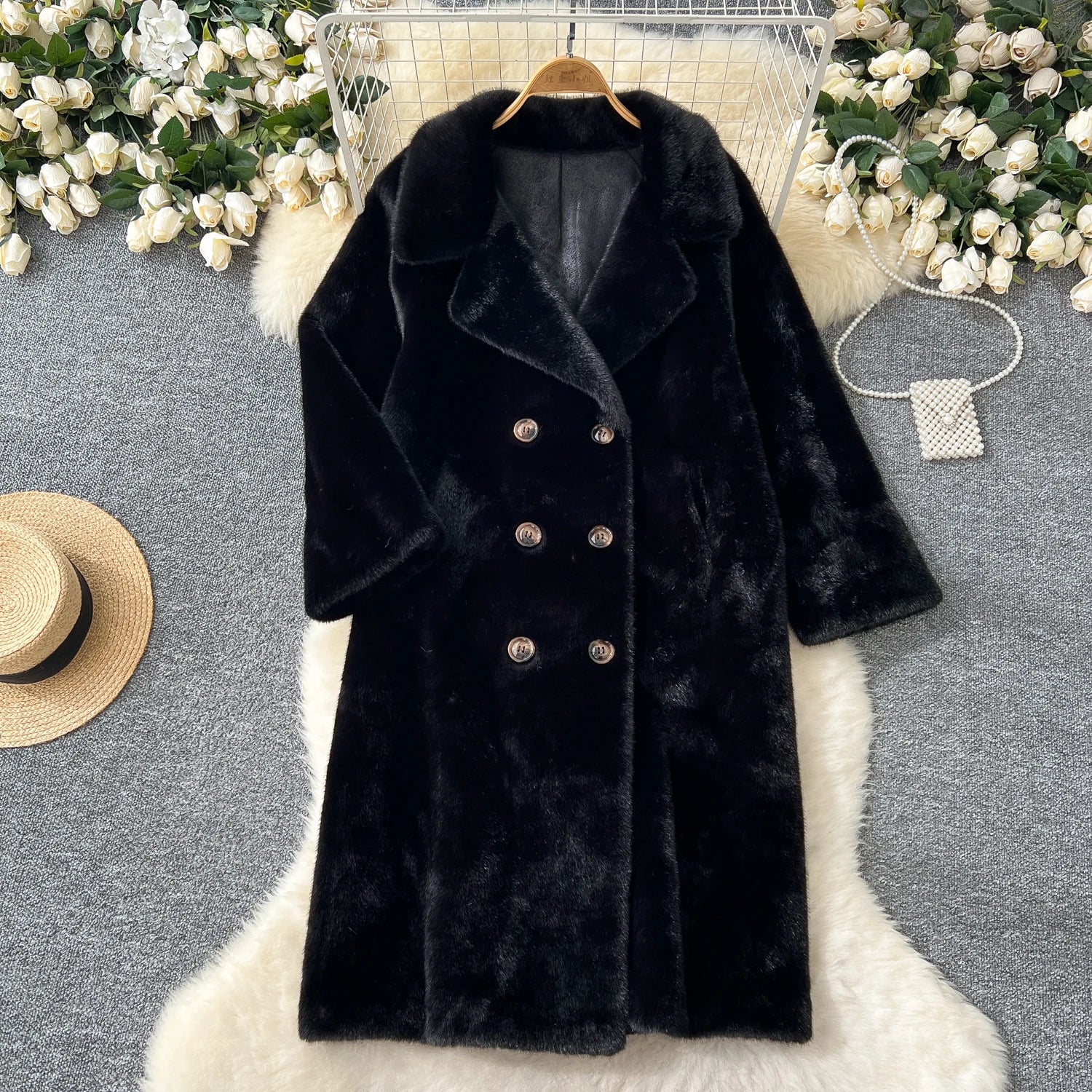 Korean Fashion 2024 Winter Solid Elegant Double-breasted Warm Imitation Mink Fur Coat Women Office Lady Thick Loose Long Jacket