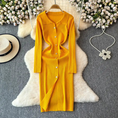 Load image into Gallery viewer, Autumn 2024 New Women's Solid Single Breasted Knitted Long Dress French Elegant Office Lady Long Sleeve Dress Simplicity Popular
