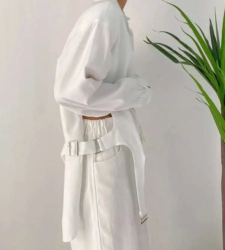 Women White Shoulder Padded Irregular Big Size Blouse New Lapel Long Sleeve Shirt Fashion Tide Spring Autumn 2025 1DF1466