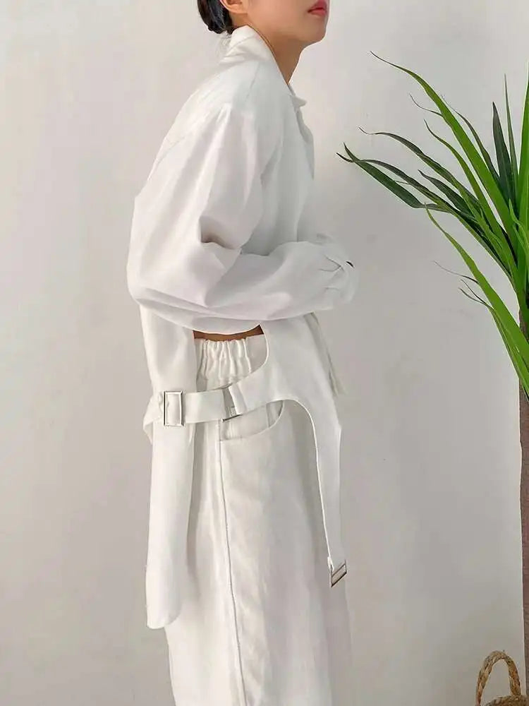 Women White Shoulder Padded Irregular Big Size Blouse New Lapel Long Sleeve Shirt Fashion Tide Spring Autumn 2025 1DF1466