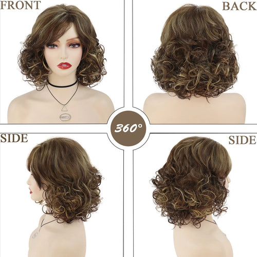 Load image into Gallery viewer, Synthetic Fiber Highlights Hairs Wigs for White Women Short Wig with Bangs Curly Wigs for Mother Gifts Brown Mommy Wig
