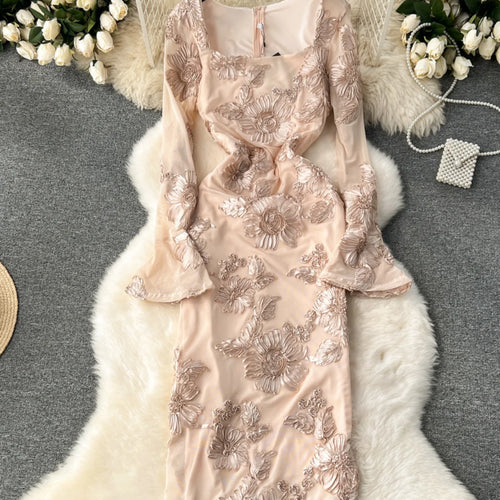Load image into Gallery viewer, French Vintage Women Autumn Black Beige Flower Embroidery Elegant Long Sleeve Dress Ladies Square Neck Festival Party Dress Chic
