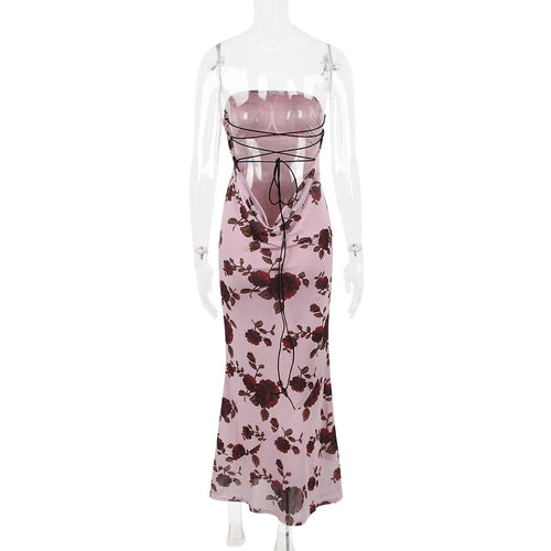 Load image into Gallery viewer, Purple Print Sexy Long Fishtail Dress For Women Robe 2023 New Spaghetti Strap Sleeveless Backless Ruched Maxi Dress
