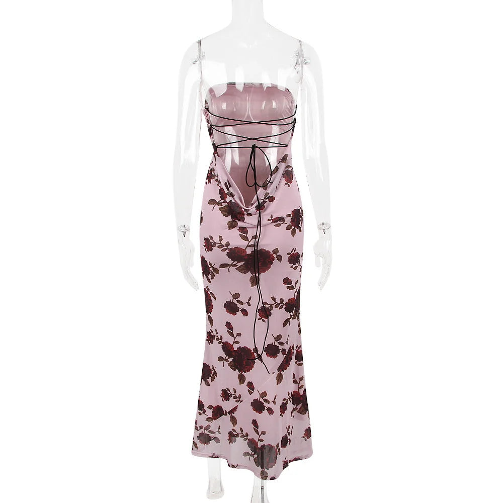 Purple Print Sexy Long Fishtail Dress For Women Robe 2023 New Spaghetti Strap Sleeveless Backless Ruched Maxi Dress