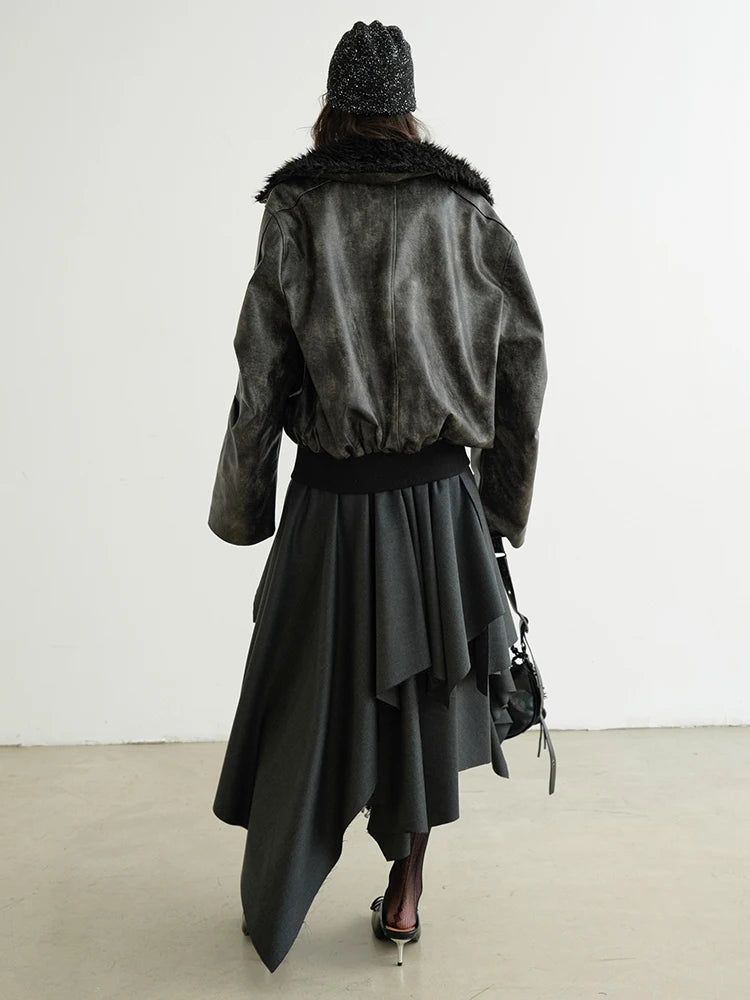 High Waist Dark Gray Cut Style Burr Irregular Slit Half-body Skirt Women Fashion Tide New Spring Autumn 2025 1DH9336