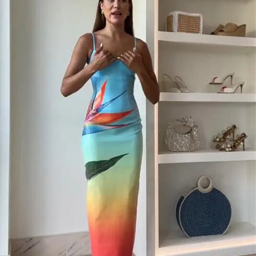 Load image into Gallery viewer, Floral Print Sexy Maxi Dress For Women Spaghetti Strap Sleeveless Backless Bodycon Slipdress Sequins Club Party Dress
