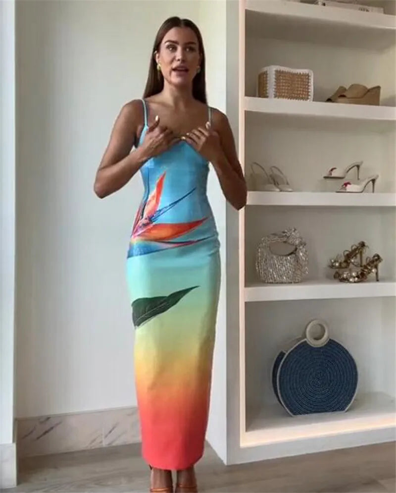 Floral Print Sexy Maxi Dress For Women Spaghetti Strap Sleeveless Backless Bodycon Slipdress Sequins Club Party Dress