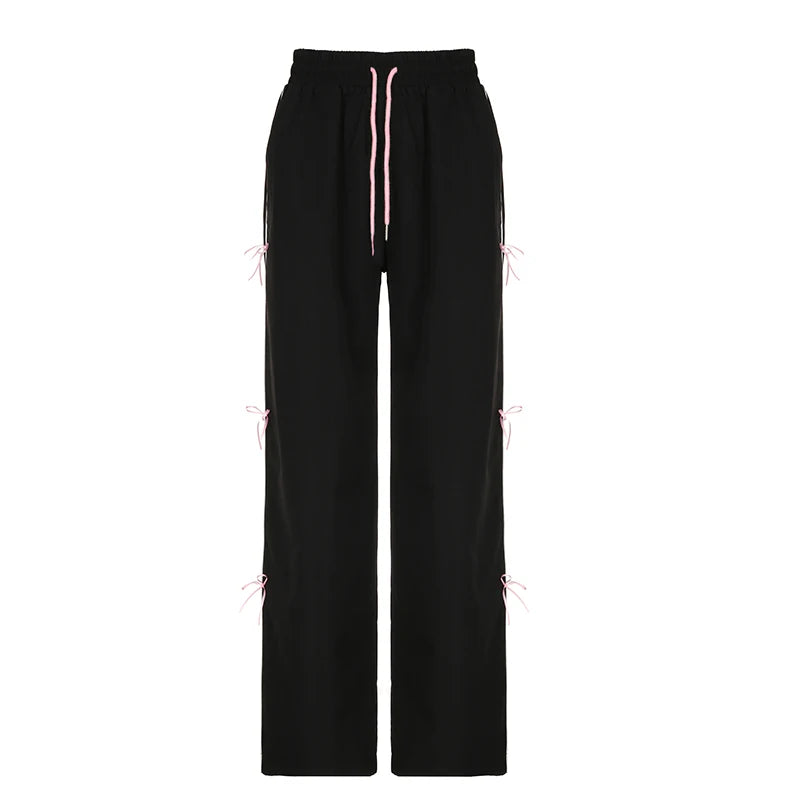 Streetwear Stripe Loose Women Pants Sweet Coquette Clothes Straight Leg Bow Sporty Trousers Cutecore Joggers Outfits