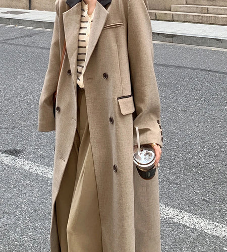 Women Khaki Double Breasted Big Size Long Blazer New Lapel Long Sleeve Jacket Fashion Tide Spring Autumn 2025 1DH9719