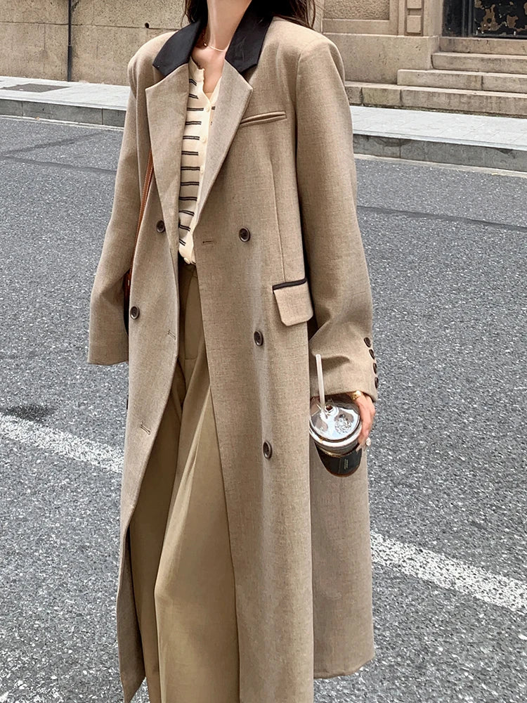 Women Khaki Double Breasted Big Size Long Blazer New Lapel Long Sleeve Jacket Fashion Tide Spring Autumn 2025 1DH9719