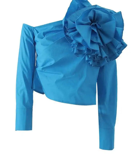 Women Blue Three-dimensional Flower Elegant Blouse New Skew Collar Long Sleeve Shirt Fashion Spring Autumn 2025 YX0390