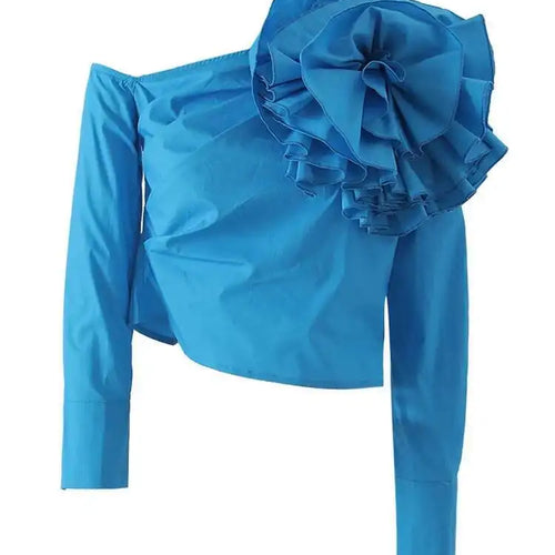 Load image into Gallery viewer, Women Blue Three-dimensional Flower Elegant Blouse New Skew Collar Long Sleeve Shirt Fashion Spring Autumn 2025 YX0390
