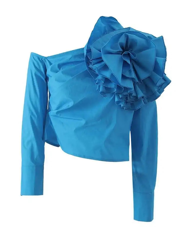 Women Blue Three-dimensional Flower Elegant Blouse New Skew Collar Long Sleeve Shirt Fashion Spring Autumn 2025 YX0390